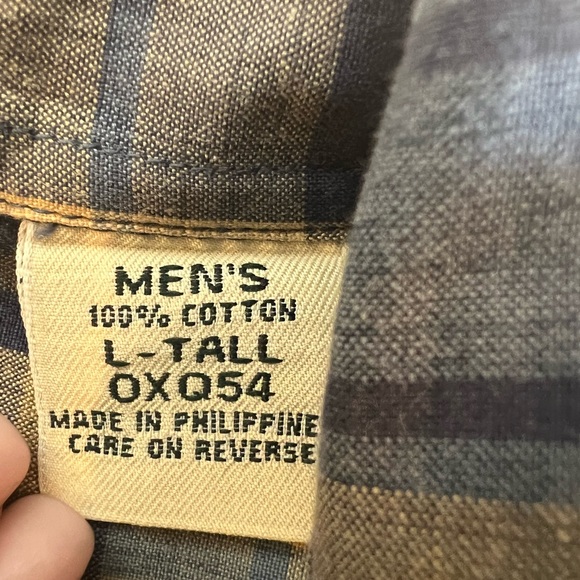 LL Bean Plaid Button Down Shirt Size Large TALL Short Sleeve Dusty Blue Tan - Picture 8 of 8